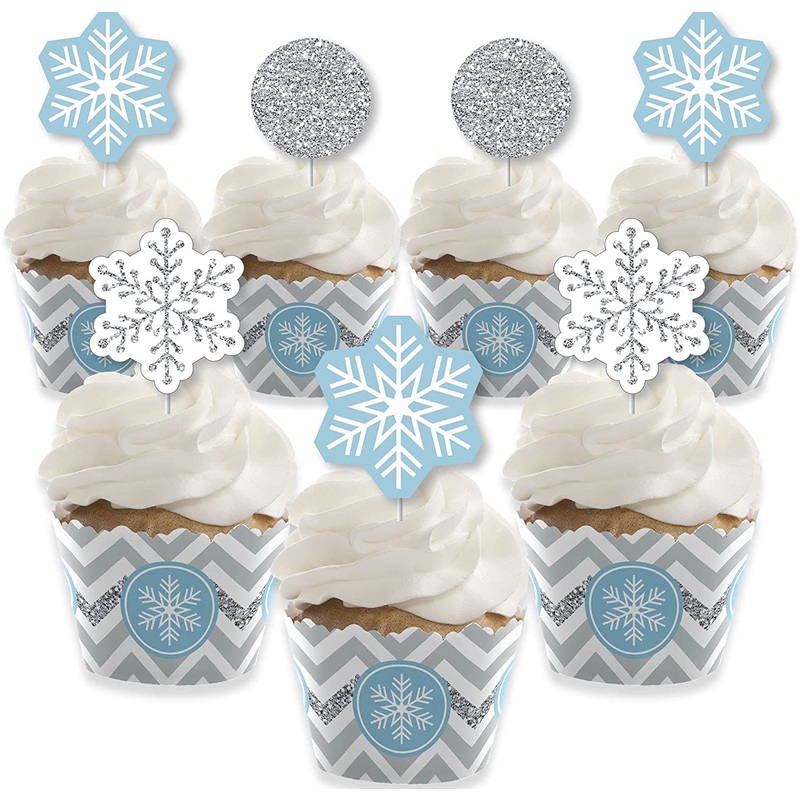 Winter Wonderland - Cupcake Decoration - Snowflake Holiday Party and Winter Wedding Cupcake Wrappers and Treat Picks Kit - Set of 24