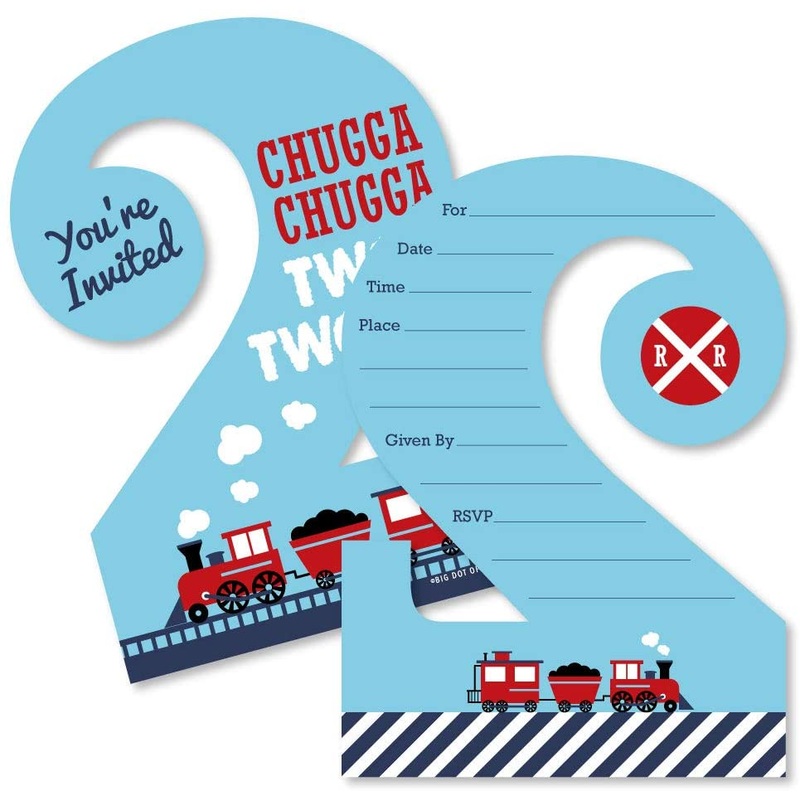 2nd Birthday Railroad Party Crossing - Chugga Chugga Two Two - Shaped Fill-In Invitations - Stream Train Second Birthday Party Invitation Cards with Envelopes - Set of 12