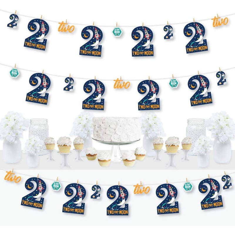 2nd Birthday Two the Moon - Outer Space Second Birthday Party DIY Decorations - Clothespin Garland Banner - 44 Pieces