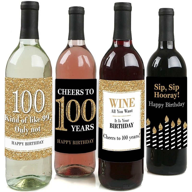 Adult 100th Birthday - Gold - Birthday Party Gift for Women and Men - Wine Bottle Label Stickers - Set of 4
