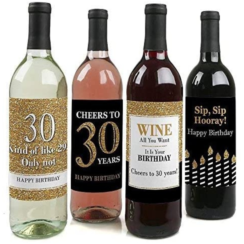 Adult 30th Birthday - Gold - Birthday Party Gift for Women and Men - Wine Bottle Label Stickers - Set of 4