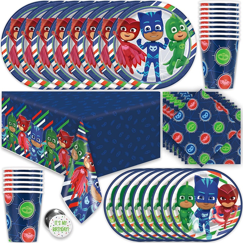 PJ Masks Birthday Party Supplies Set | PJ Mask Birthday Decorations | PJ Masks Party Supplies | For 16 Guests | For Boys and Girls | With Table Cover, Plates, Cups, Napkins and Button