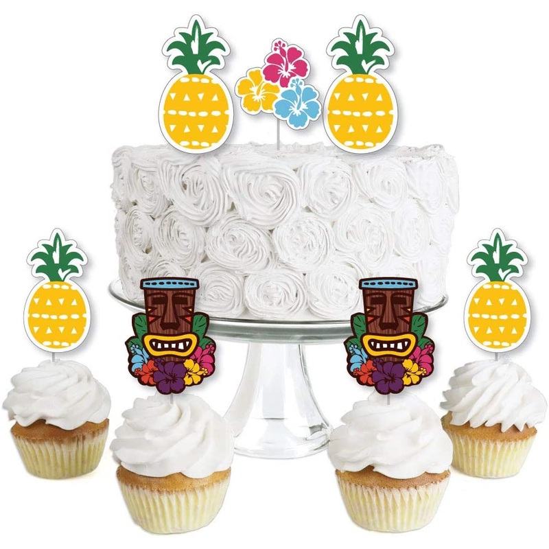 Tiki Luau - Dessert Cupcake Toppers - Tropical Hawaiian Summer Party Clear Treat Picks - Set of 24