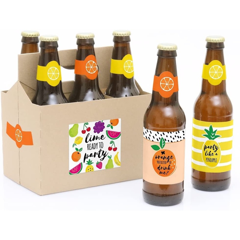 Tutti Fruity - Frutti Summer Baby Shower & Birthday Party Decorations for Women and Men - 6 Beer Bottle Label Stickers and 1 Carrier