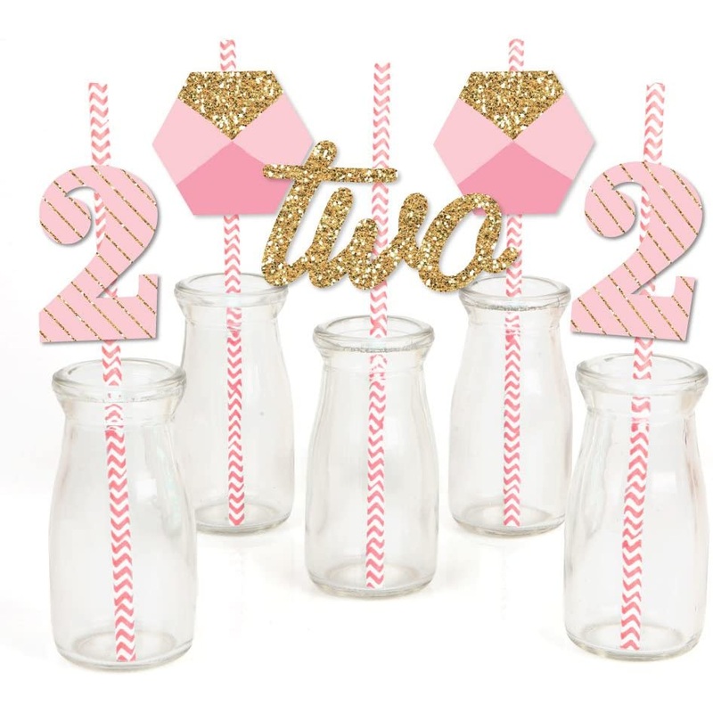 Two Much Fun Paper Straw Decor - Girl - 2nd Birthday Party Striped Decorative Straws - Set of 24