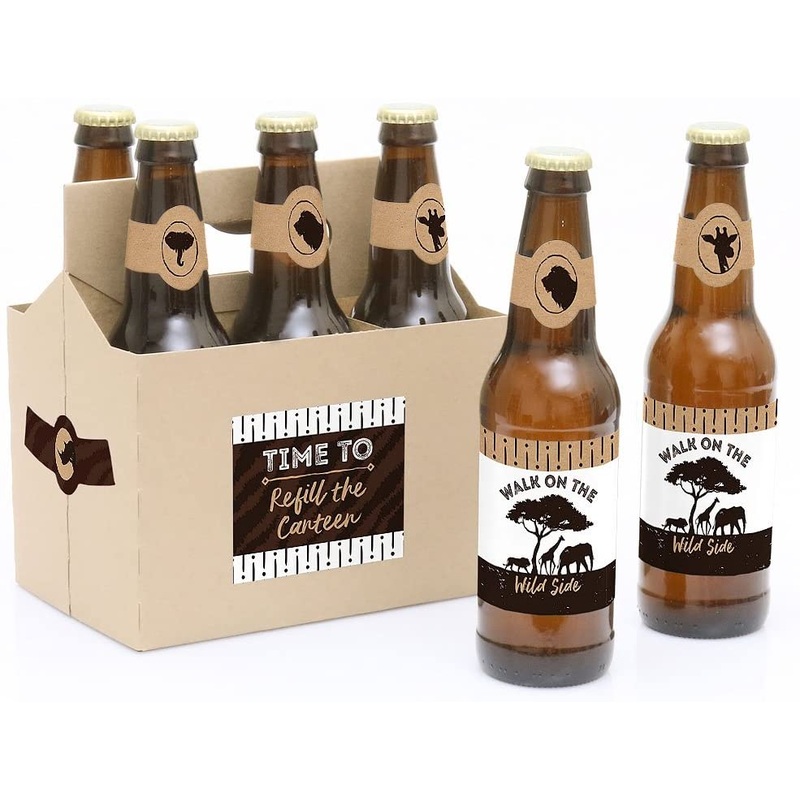 Wild Safari - African Jungle Adventure Baby Shower or Birthday Party Decorations for Women and Men - 6 Beer Bottle Label Stickers and 1 Carrier