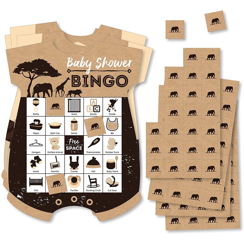 Wild Safari - Picture Bingo Cards and Markers - African Jungle Adventure Baby Shower Shaped Bingo Game - Set of 18