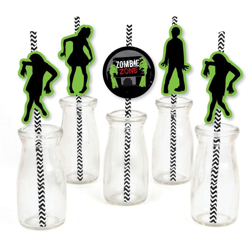 Zombie Zone - Paper Straw Decor - Halloween or Birthday Zombie Crawl Party Striped Decorative Straws - Set of 24