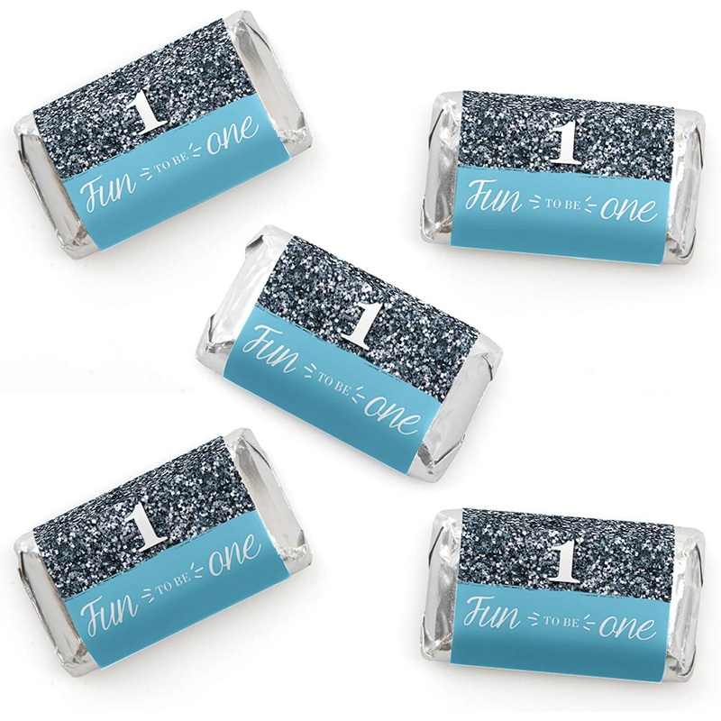 1st Birthday Boy - Fun to be One - Mini Candy Bar Wrapper Stickers - First Birthday Party Small Favors - 40 Count