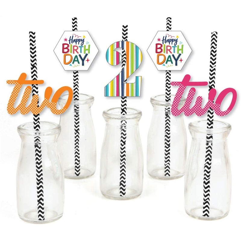 2nd Birthday - Cheerful Happy Birthday - Paper Straw Decor - Colorful Second Birthday Party Striped Decorative Straws - Set of 24