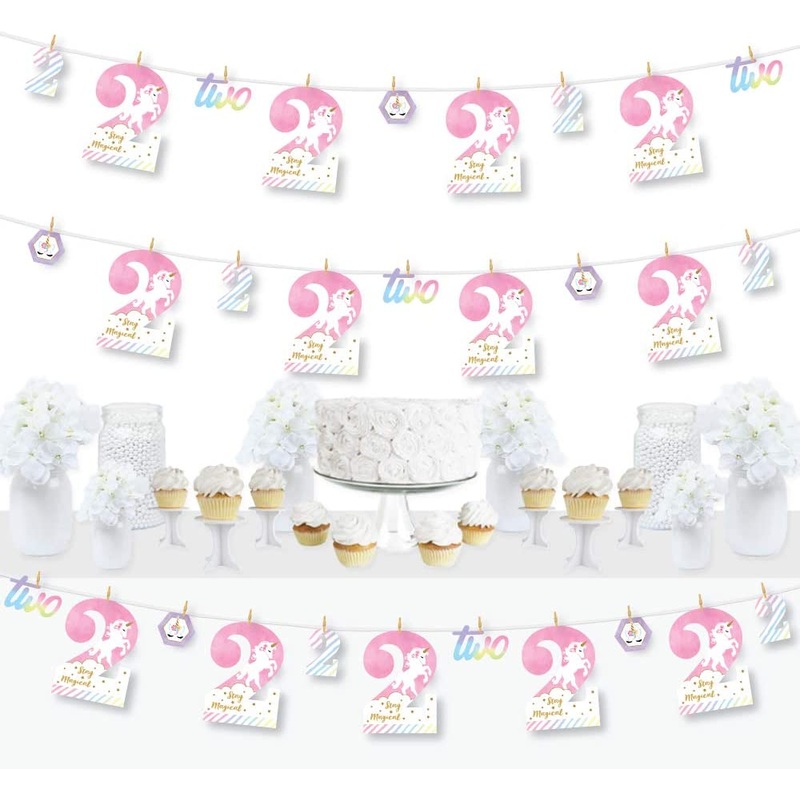 2nd Birthday Rainbow Unicorn - Magical Unicorn Second Birthday Party DIY Decorations - Clothespin Garland Banner - 44 Pieces