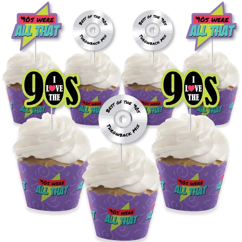 90's Throwback - Cupcake Decoration - 1990s Party  Cupcake Wrappers and Treat Picks Kit - Set of 24