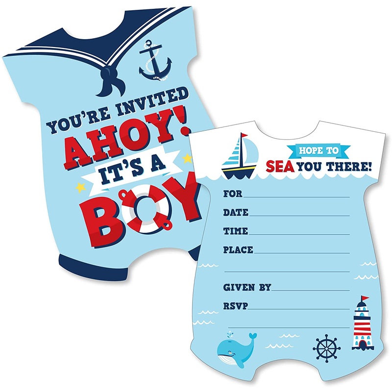 Ahoy Its a Boy - Shaped Fill-In Invitations - Nautical Baby Shower Invitation Cards with Envelopes - Set of 12