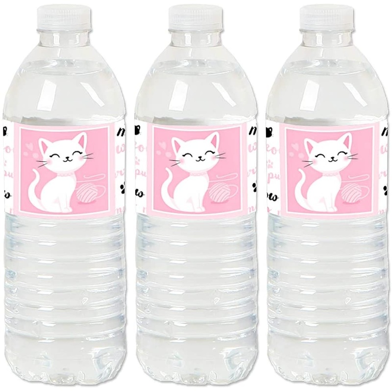 Purr-fect Kitty Cat - Kitten Meow Baby Shower or Birthday Party Water Bottle Sticker Labels - Set of 20