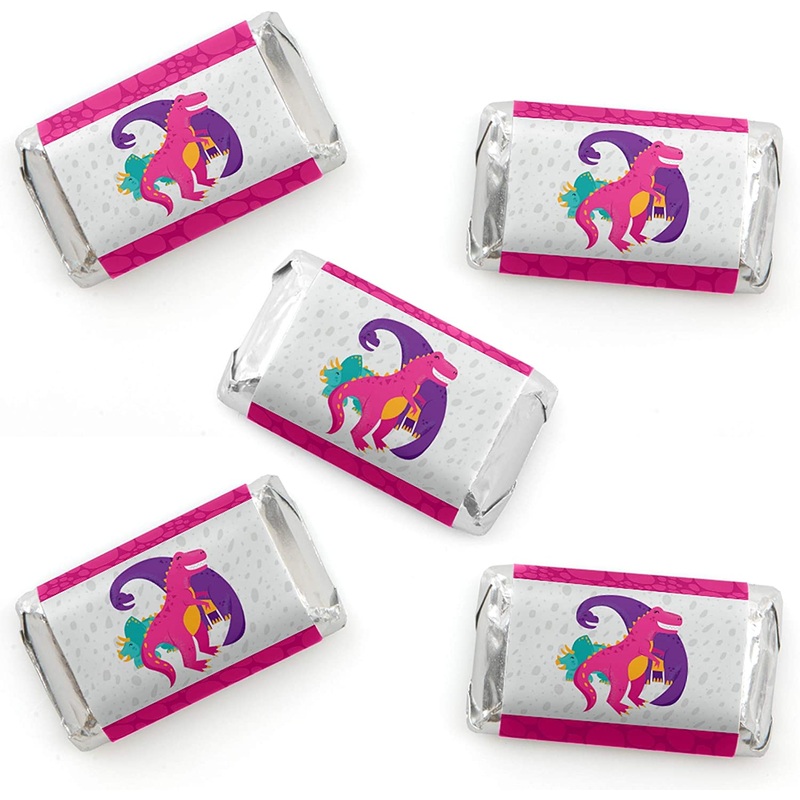 Roar Dinosaur Girl - Mini Candy Bar Wrapper Stickers - Dino Mite T-Rex Baby Shower or Birthday Party Small Favors - 40 Count
