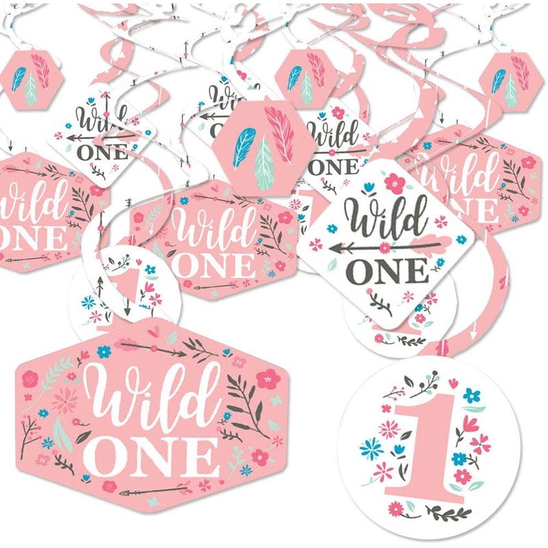 Shes a Wild One - Boho Floral 1st Birthday Party Hanging Decor - Party Decoration Swirls - Set of 40