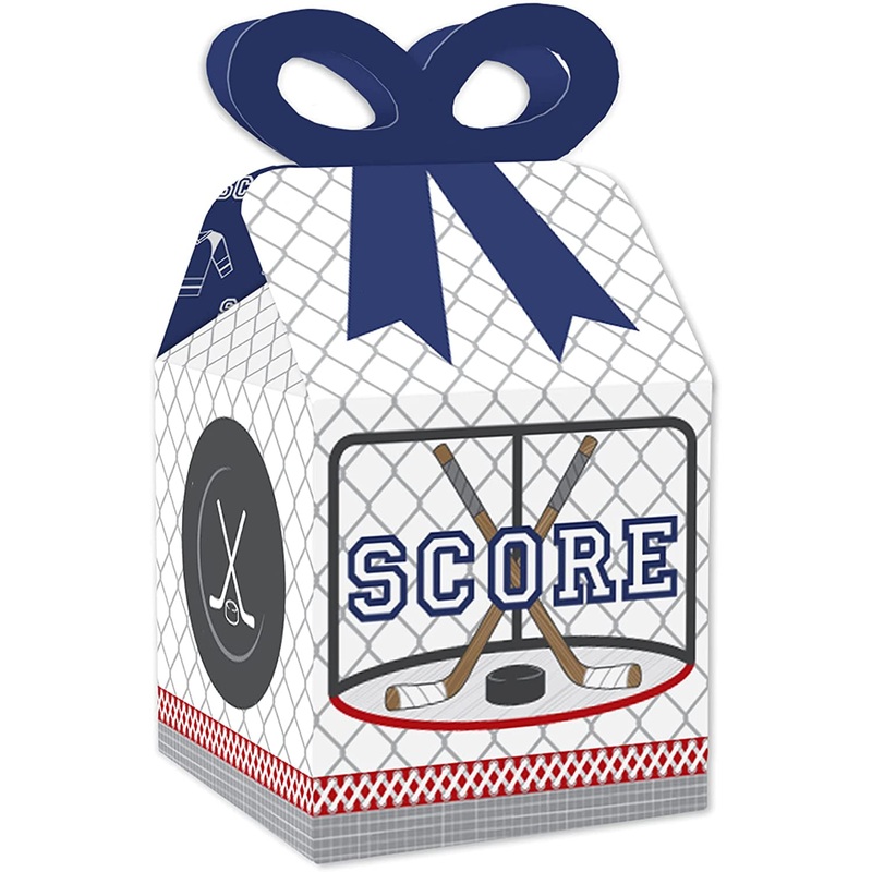 Shoots and Scores - Hockey - Square Favor Gift Boxes - Baby Shower or Birthday Party Bow Boxes - Set of 12