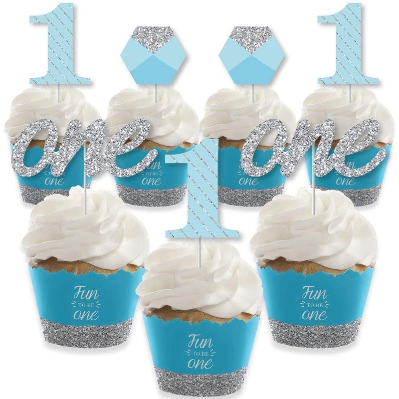 1st Birthday Boy - Fun to be One - Cupcake Decoration - First Birthday Party Cupcake Wrappers and Treat Picks Kit - Set of 24