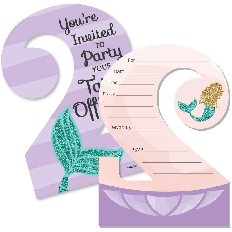 2nd Birthday Let's Be Mermaids - Shaped Fill-In Invitations - Second Birthday Party Invitation Cards with Envelopes - Set of 12