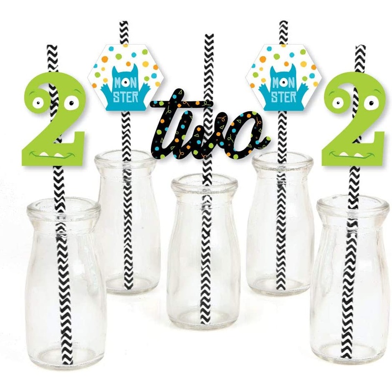2nd Birthday Monster Bash - Paper Straw Decor - Little Monster Second Birthday Party Striped Decorative Straws - Set of 24