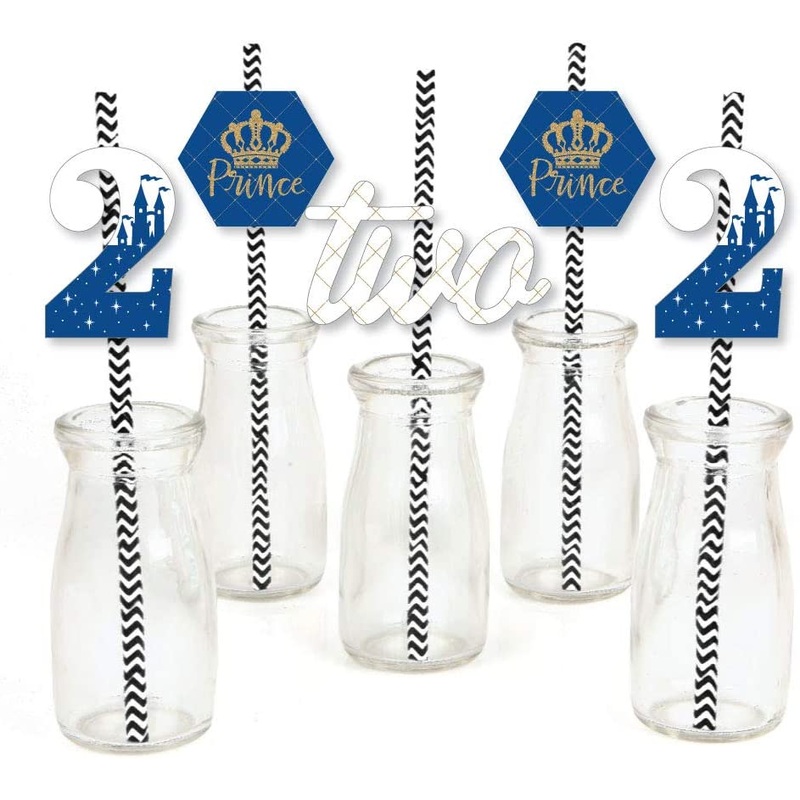 2nd Birthday Royal Prince Charming - Paper Straw Decor - Second Birthday Party Striped Decorative Straws - Set of 24