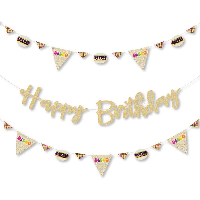 70's Disco - 1970s Disco Fever Birthday Party Letter Banner Decoration - 36 Banner Cutouts and No-Mess Real Gold Glitter Happy Birthday Banner Letters