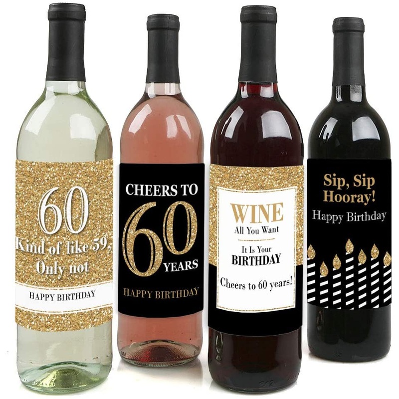 Adult 60th Birthday - Gold - Birthday Party Gift for Women and Men - Wine Bottle Label Stickers - Set of 4