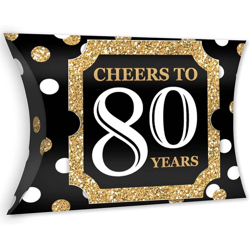 Adult 80th Birthday - Gold - Favor Gift Boxes - Birthday Party Large Pillow Boxes - Set of 12