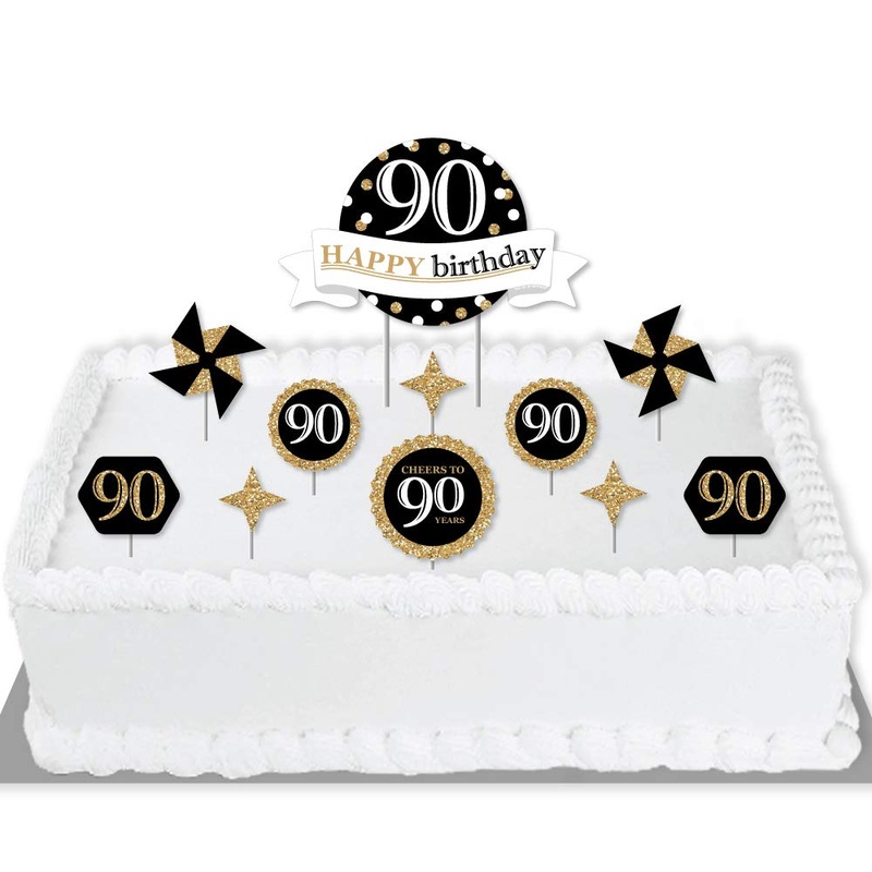 Adult 90th Birthday - Gold - Birthday Party Cake Decorating Kit - Happy Birthday Cake Topper Set - 11 Pieces
