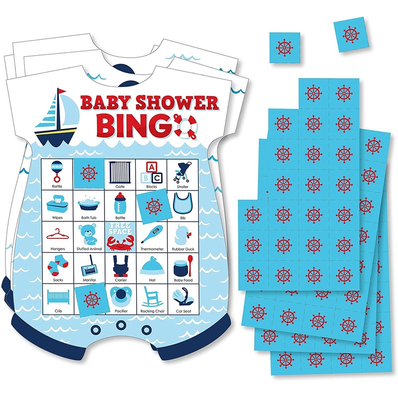 Ahoy Its a Boy - Picture Bingo Cards and Markers - Nautical Baby Shower Shaped Bingo Game - Set of 18