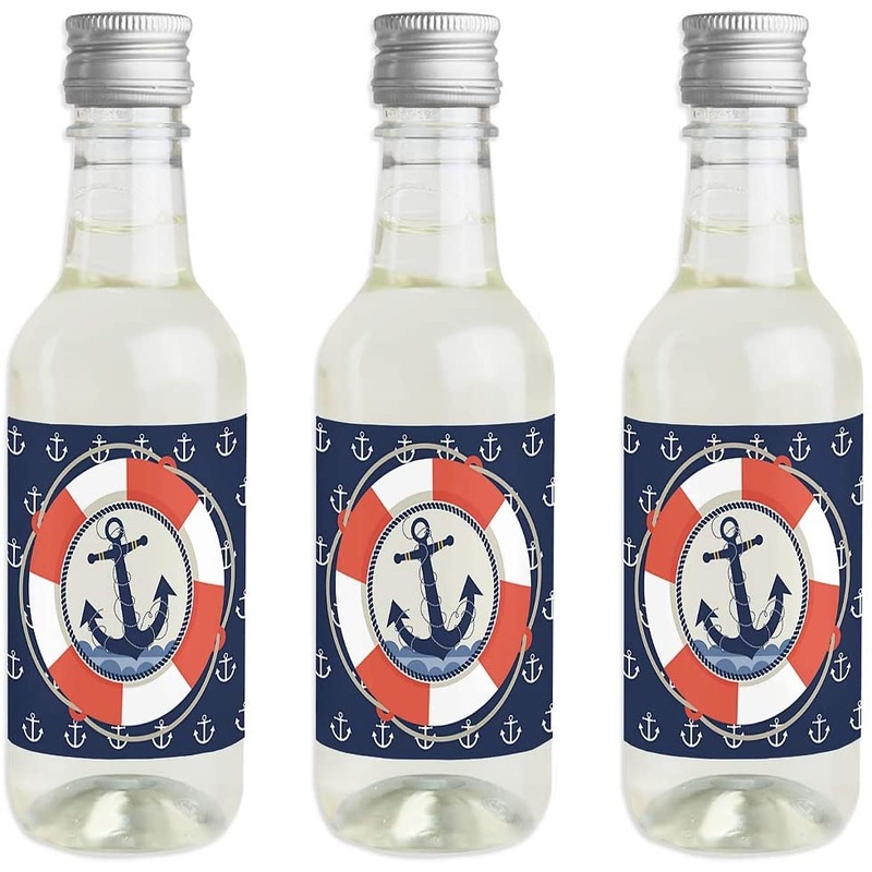Ahoy - Nautical - Mini Wine and Champagne Bottle Label Stickers - Baby Shower or Birthday Party Favor Gift for Women and Men - Set of 16