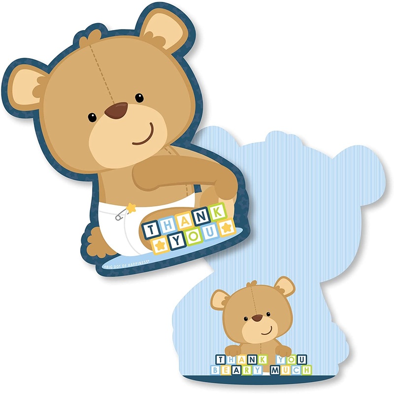 Baby Boy Teddy Bear - Shaped Thank You Cards - Baby Shower Thank You Note Cards with Envelopes - Set of 12