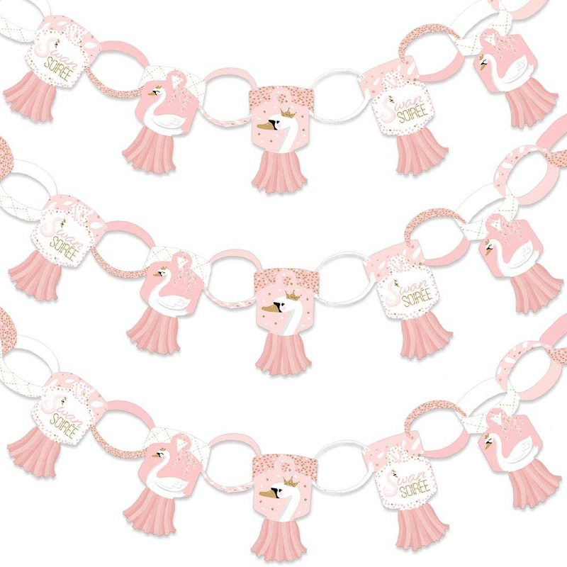 Swan Soiree - 90 Chain Links and 30 Paper Tassels Decoration Kit - White Swan Baby Shower or Birthday Party Paper Chains Garland - 21 feet