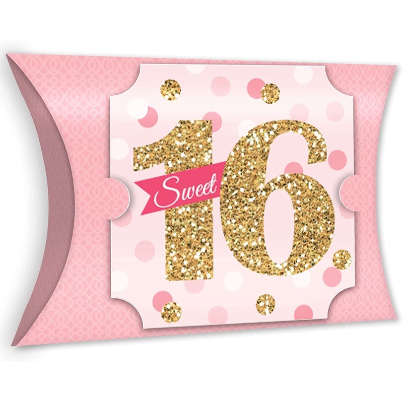 Sweet 16 - Favor Gift Boxes - 16th Birthday Party Large Pillow Boxes - Set of 12