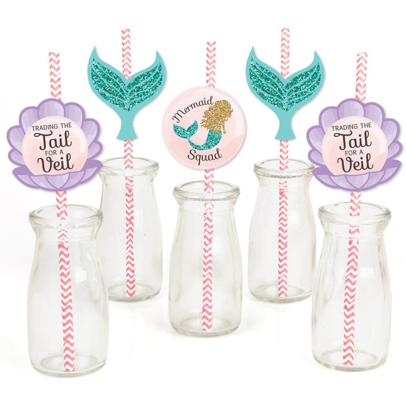 Trading The Tail for A Veil - Paper Straw Decor - Mermaid Bachelorette Party or Bridal Shower Striped Decorative Straws - Set of 24