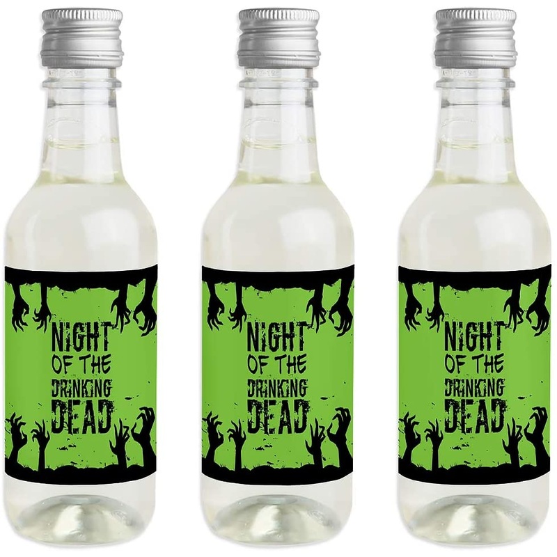 Zombie Zone - Mini Wine and Champagne Bottle Label Stickers - Halloween Zombie Crawl Party Favor Gift for Women and Men - Set of 16