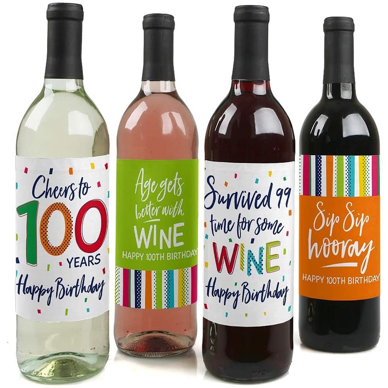 100th Birthday - Cheerful Happy Birthday - Colorful One Hundredth Birthday Party Decorations for Women and Men - Wine Bottle Label Stickers - Set of 4