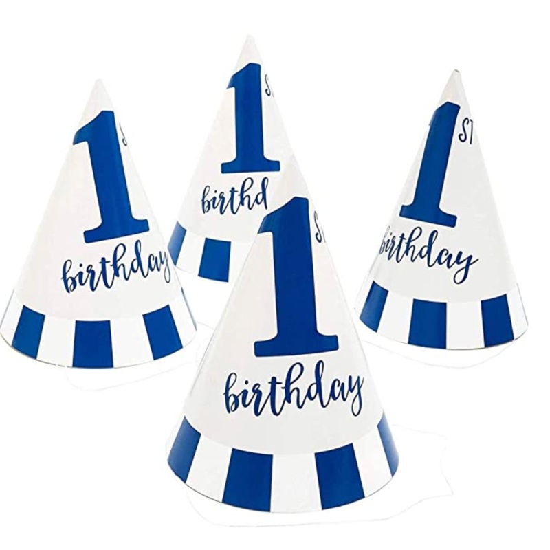 1st Birthday Party Blue Cone Hats - Set of 8
