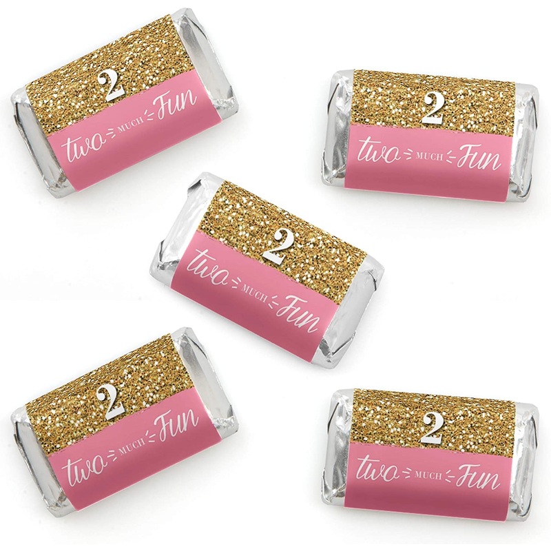 2nd Birthday Girl - Two Much Fun - Mini Candy Bar Wrapper Stickers - Second Birthday Party Small Favors - 40 Count