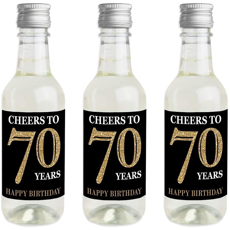 Adult 70th Birthday - Gold - Mini Wine and Champagne Bottle Label Stickers - Birthday Party Favor Gift for Women and Men - Set of 16