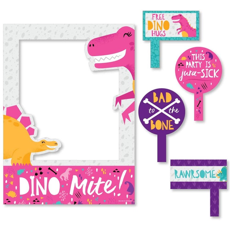 Roar Dinosaur Girl - Dino Mite T-Rex Baby Shower or Birthday Party Selfie Photo Booth Picture Frame and Props