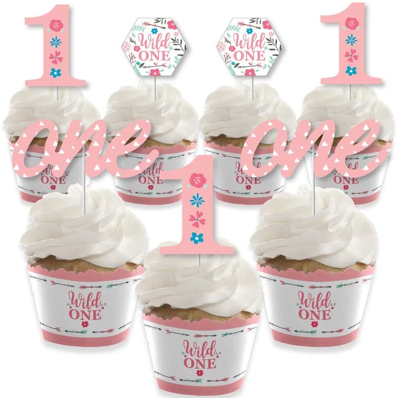 Shes a Wild One - Cupcake Decoration - Boho Floral 1st Birthday Party Cupcake Wrappers and Treat Picks Kit - Set of 24