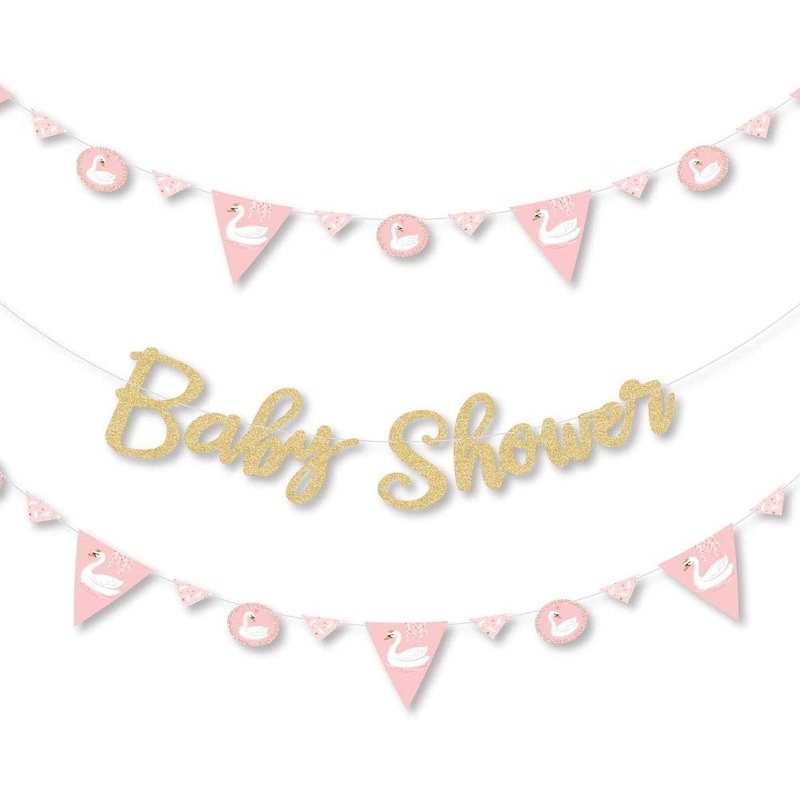 Swan Soiree - White Swan Baby Shower Letter Banner Decoration - 36 Banner Cutouts and No-Mess Real Gold Glitter Welcome Baby Banner Letters