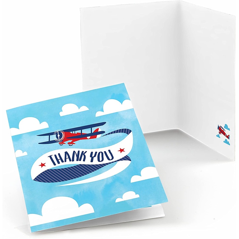 Taking Flight - Airplane - Vintage Plane Baby Shower or Birthday Party Thank You Cards (8 count)