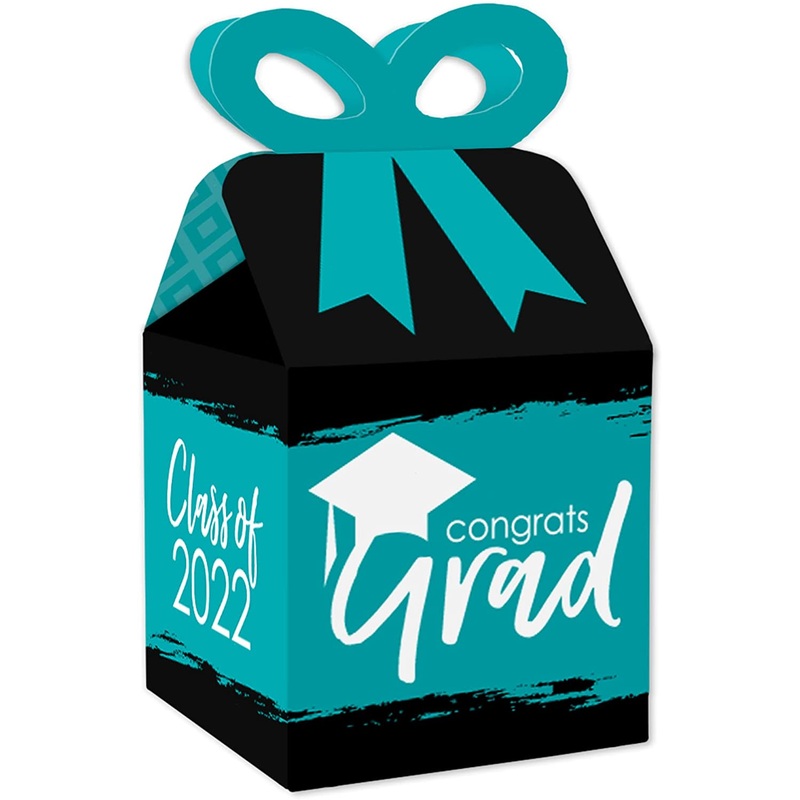 Teal Grad - Best is Yet to Come - Square Favor Gift Boxes - 2022 Turquoise Graduation Party Bow Boxes - Set of 12