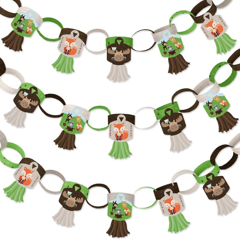 Woodland Creatures - 90 Chain Links and 30 Paper Tassels Decoration Kit - Baby Shower or Birthday Party Paper Chains Garland - 21 feet