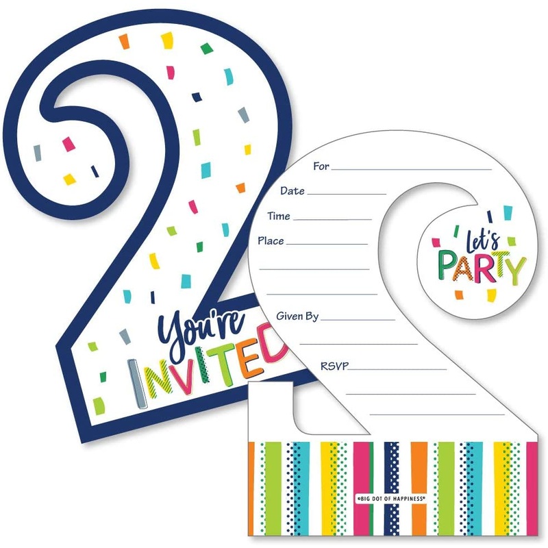 2nd Birthday - Cheerful Happy Birthday - Shaped Fill-In Invitations - Colorful Second Birthday Party Invitation Cards with Envelopes - Set of 12