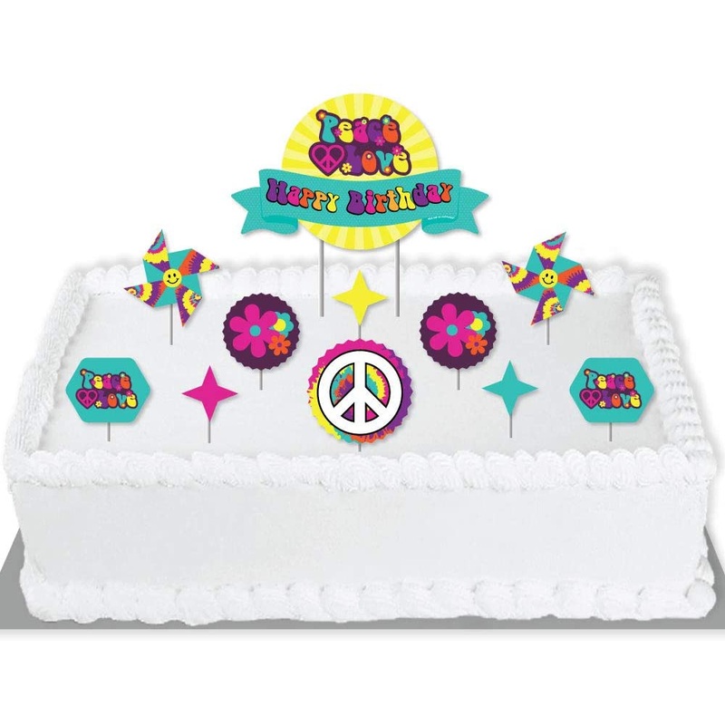 60s Hippie - 1960s Groovy Birthday Party Cake Decorating Kit - Happy Birthday Cake Topper Set - 11 Pieces