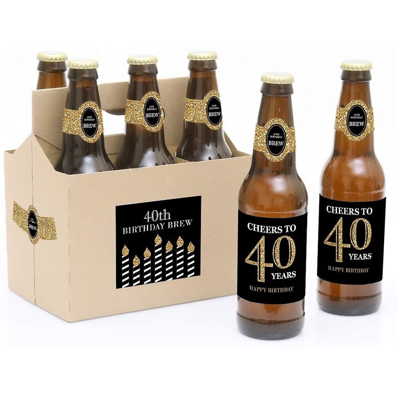 Adult 40th Birthday - Gold - Birthday Party Decorations for Women and Men - 6 Beer Bottle Label Stickers and 1 Carrier