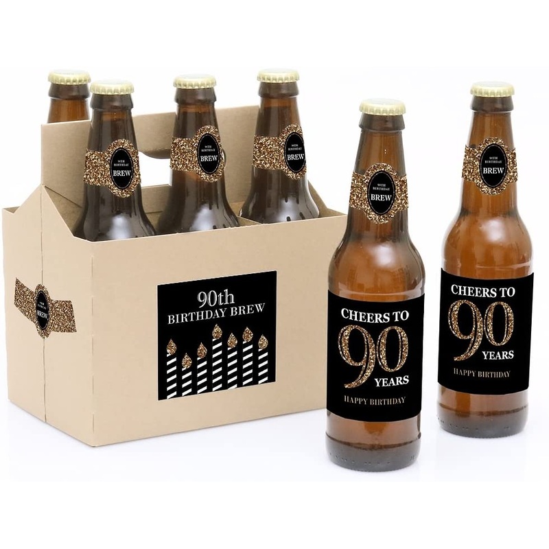 Adult 90th Birthday - Gold - Birthday Party Decorations for Women and Men - 6 Beer Bottle Label Stickers and 1 Carrier